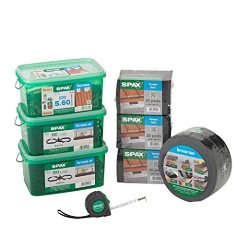SPAX Terrassenbau-Set, komplettes Montageset – Größe bis ca. 10qm, Terrassenschrauben Edelstahl A2, Abstandshalter, Bit, Stufenbohrer, Fugenlehre, Tape, Pads & Maßband – 5000009100039