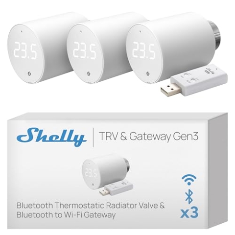 Shelly Blu TRV & Shelly Blu Gateway Gen3 - Bluetooth Smart Thermostatventil, Präzise Temperaturregelung, Boost-Modus, Umfassende Integration, Hausautomation, Alexa & Google Home (3 Stück)