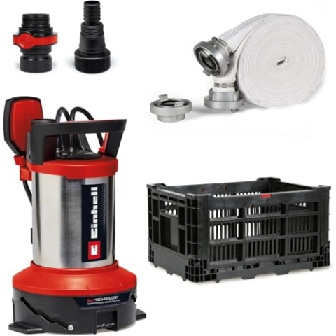 Einhell Flutset GE-DP 7535 N LL ECO (750 W, bis zu Ø 35 mm Fremdpartikelgröße, max. 18.500 L/h Fördermenge, inkl. 10 m Gewebeschlauch, Universaladapter, Kunststoffbox)
