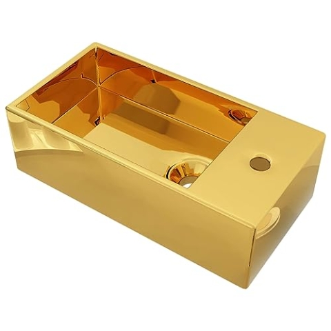 vidaXL Waschbecken mit Überlauf Aufsatzwaschbecken Waschtisch Waschplatz Handwaschbecken Waschschale Becken Badezimmer 49x25x15cm Keramik Golden