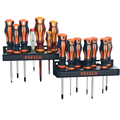 Presch Schraubenzieher Set 14 tlg VDE-GS geprüft - Magnetischer XXL Schraubendreher Satz mit Wandhalterung und Spannungsprüfer - Profi Schraubendreher Set mit Halterung