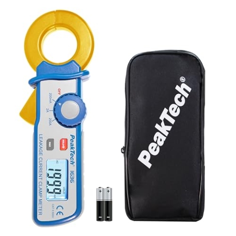 PeakTech P1636 – Strommesszange für Leckstrommessung mit 2000 Counts und Auflösung bis 100 µA – Leckstromzange mit LCD-Display und Data -Hold Funktion – Für AC bis 200 A / 600 V – CAT II