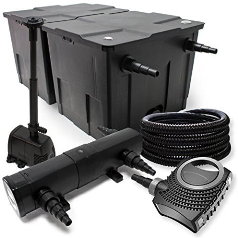 Wiltec Komplettset: CBF-350B Teichfilter bis 60000 L Teichfilteranlage, NEO10000 Teichpumpe 10000l/h 80W, CUV-236 Teichklärer 36W, 25m Teichschlauch 25 mm, HJ-943 Springbrunnen 800l/h 16W