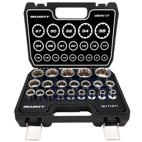 HASKYY Steckschlüsselsatz Vielzahn XZN 8-36mm Steckschlüssel Nusskasten Satz 6 und 12 Kant 1/2" Zoll Torx Stecknüsse System 21-teilig Außenvielzahn Schraubendreher-Set