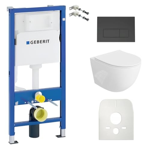 Lavita Duofix Basic Vorwandelement + Wand Tiefspül WC Sinto Weiß Spülrandlos + WC Sitz + Bedienplatte Delta 25 Schwarzer Knopf Komplettset Unterputz Spülkasten Toilette Komplett Sett WC