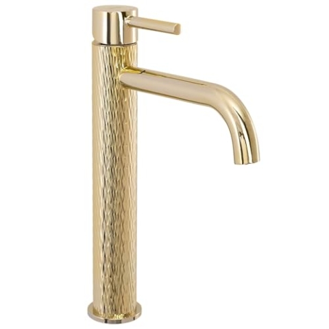 Rea Waschtischarmatur LUNGO ART GOLD HIGH Wasserhahn Bad Badarmatur aus Messing Armatur für Waschbecken Badezimmer Mischbatterie Waschbecken Einhebel (Gold)