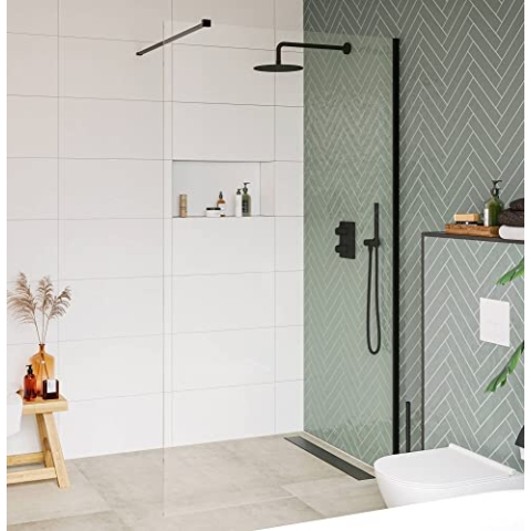Saqu Modulo Duschwand inkl. Antikalk 120x210 cm - Walk in Dusche mit Stabilisator - NANO Glas Duschtrennwand Badewanne Duschwand Mattschwarz