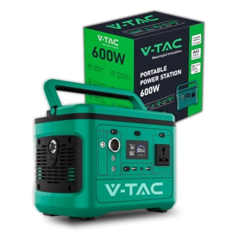 V-TAC Tragbares Kraftwerk Power Station 600 W – Akku 568 Wh – maximale Leistung 1000 W – AC 220 V – LED-Display – Aufladen mit optionalem Photovoltaik-Panel oder Netzteil