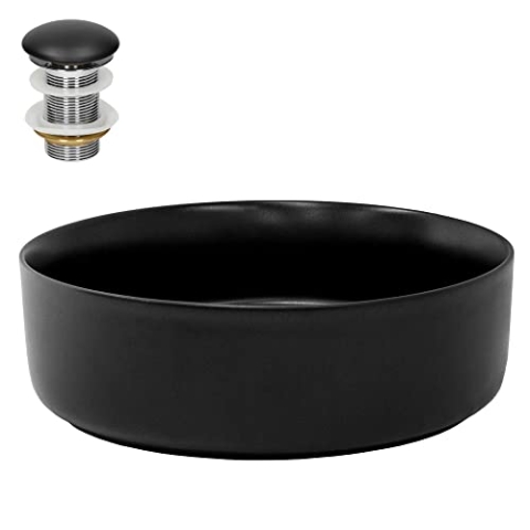 ML-Design Waschbecken aus Keramik in Schwarz matt Ø 360 x 120 mm mit Ablaufgarnitur, Runde Aufsatzwaschbecken, Moderne Waschtisch Waschschale Waschplatz Handwaschbecken, für Badezimmer/Gäste-WC