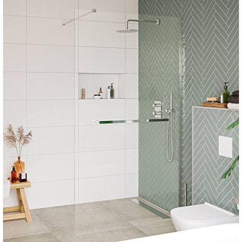 Saqu Modulo begehbarer Dusche inkl. Handtuchhalter und Antikalk 100x210 cm - Walk in Dusche mit Stabilisator - NANO Glas Duschtrennwand Badewanne Duschwand Aluminium