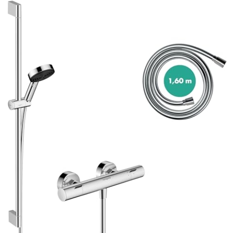 hansgrohe Pulsify Select S - wassersparendes Duschset mit Thermostat Ecostat Fine, Duschthermostat mit Duschkopf 8,2 l/min (EcoSmart), Duschstange 90cm, Schlauch, Duschkopfhalterung, Chrom, 24261000