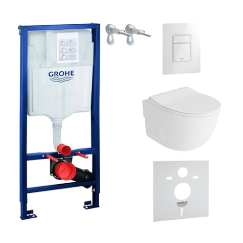 Lavita Vorwandelement Solido + Wand Hänge WC Roto Weiß Spülrandlos + WC Sitz mit Absenkautomati Glänzend Weiß Knopf Komplettset Unterputz Spülkasten Toilette Komplett Sett WC
