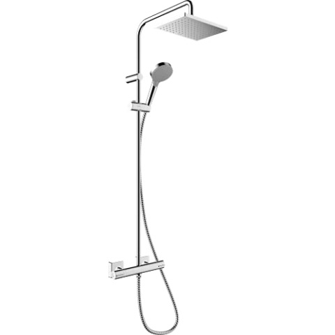 hansgrohe Vernis Shape - wassersparendes Duschsystem (EcoSmart) mit Thermostat, Regendusche (230 x 170 mm) mit Armatur, Handbrause, Schlauch, Brausestange und eckiger Kopfbrause, Chrom, 26097000