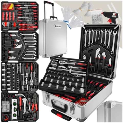 tectake® Werkzeug Set im Aluminium Koffer, Werkzeugkoffer gefüllt, 599-tlg., Tool Werkzeugwagen fahrbar, Trolley mit 4 Ebenen, Teleskopgriff, Werkzeugkiste groß, Elektriker Werkzeug - schwarz