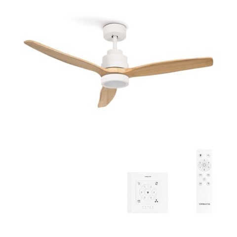 CREATE / WINDSTYLANCE/Deckenventilator mit Beleuchtung Weiß Naturholzflügel mit Wandschalter und Fernbedienung / 40W, Leise, Ø132 cm, 6 Geschwindigkeiten, Timer, Sommer-Winterbetrieb, doppelte Höhe