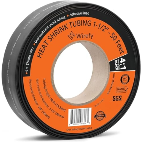 Wirefy Schrumpfschlauch Rolle - 40mm - 15,25m - 4:1 Schrumpf-Rate - Schrumpfschlauch Schwarz Wasserdicht - Kabel Reparaturset als Löt-Zubehör - Heat Shrink Tubing