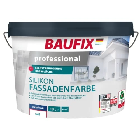 Baufix professional Silikon Fassadenfarbe weiss, 10 Liter, Außenwand Farbe, selbstreinigend mit Lotuseffekt, dauerhaft weiß, mit Anti-Grün Algenschutz
