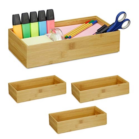 Relaxdays 4 x Ordnungsbox Bambus, stapelbar, natürliche Optik, Aufbewahrungsbox Küche, Bad, Dekobox HxBxT: 7 x 30 x 15 cm, natur