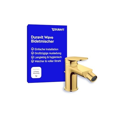 Duravit Wave Einhebel-Bidetarmatur (Auslauf Höhe 85 mm), Bidetmischer mit Zugstangen-Ablaufgarnitur, Gold Poliert