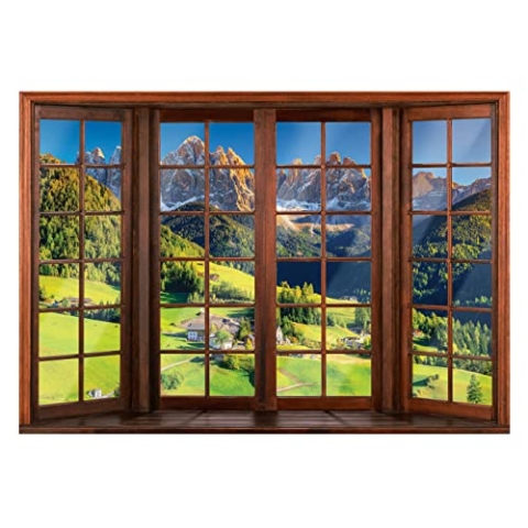 WallArena - Vlies Fototapete Fenster mit Aussicht Berge Alpen 254x184 cm - Fototapeten - Tapeten - für Wohnzimmer Schlafzimmer - Vliestapete Wandtapete Tapete 3D Effekt- inkl. Kleister