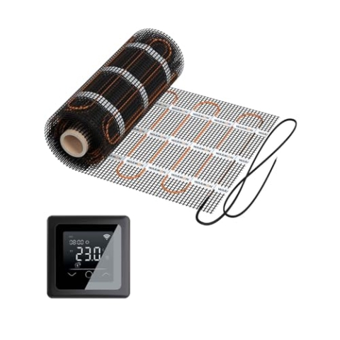 Elektrische Fußbodenheizung: Zweiader-Heizmatte WARMON CLASSIC LIGHT 100 W/m² für Fliesen mit Touch Thermostat 750-Serie, Thermostat:MCS 750 WiFi - Schwarz, Mattengröße:6 m²