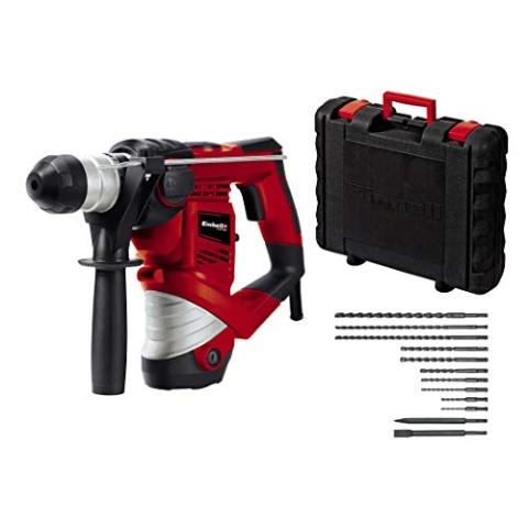 Einhell Bohrhammer-Set TC-RH 900 Kit (900 W, 3 J, Bohren, Hammerbohren, Meißeln mit Meißelfixierung, Überlastrutschkupplung, inkl. 10 Bohrern, Spitz- und Flachmeißel, Koffer)