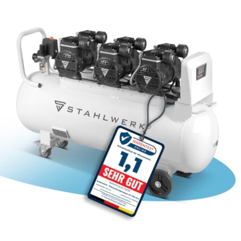 STAHLWERK Kompressor 100 L Tank - ölfrei & leise, 10 bar, Druckluftkompressor mit Brushless-Motoren, 6,5 PS, 4,8 kW, 630 l/min, Silentkompressor, Kolbenkompressor, Flüsterkompressor, ST-1010 Pro