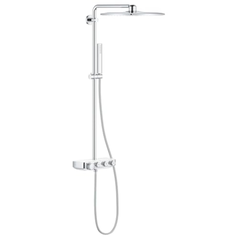 GROHE Euphoria Smartcontrol 310 Duo, Duschsystem mit Thermostat (Regendusche mit Verbrühschutz und 2 Strahlarten, inkl. Duschablage, obere Konsole an Bohrlöcher anpassbar), eckig, weiß, 26508LS0