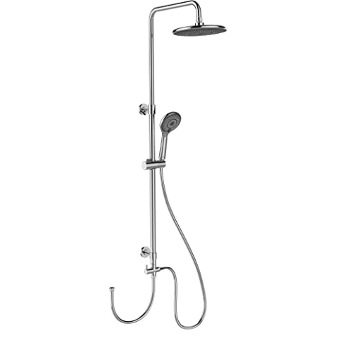 WENKO Duschsystem Watersaving, Duschstange mit wassersparendem Regenduschkopf und Handbrause, Höhenverstellbar, Edelstahl, 75-120 cm, Chrom
