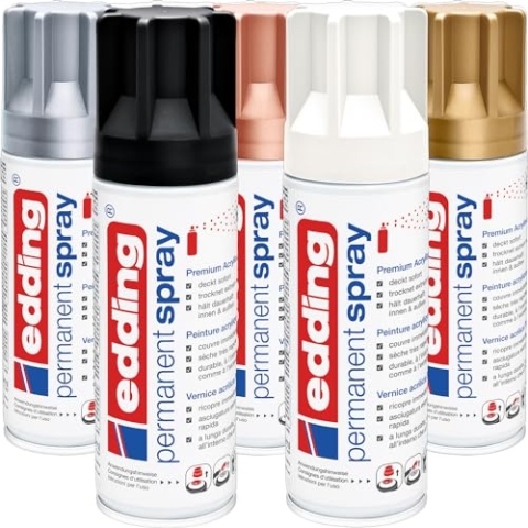 edding 5200 Permanent Spray - metallic Set - 5x 200 ml - Tiefschwarz matt, ‎Verkehrsweiß matt, Reichgold matt, Silber matt, Edles Kupfer - Lackspray, Acrylspray, Farbspray