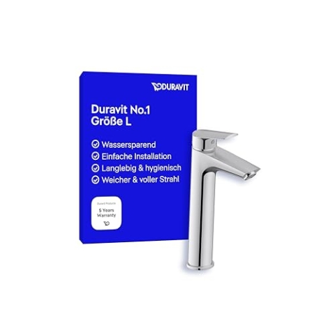 Duravit No.1 Waschtischarmatur, Größe L (Auslauf Höhe 203 mm), Wasserhahn Bad, wassersparende Waschbecken Armatur (MinusFlow), Chrom
