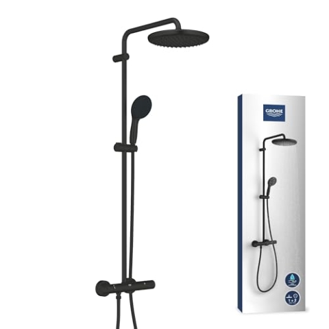 GROHE Vitalio 250, Duschsystem wassersparend 8l pro Min (Regendusche mit Thermostat und schwenkbarem Kopfbrause, Sicherheitssperre bei 38°C, Duschset mit Antikalk-System), rund, schwarz, 266772431