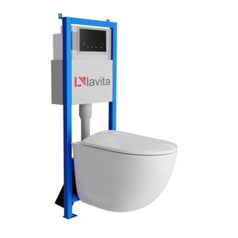 Lavita LAV 101 Vorwandelement für WC 40cm + Wand Hänge Tiefspül WC VITO Weiß Spülrandlos + Bedienplatte LAV 200.3.4 Schwarz | Komplettset | Unterputz Spülkasten | Toilette Komplett Sett