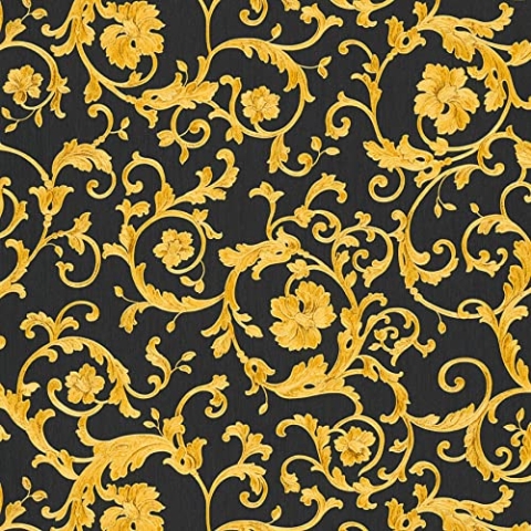 VERSACE WALLPAPER Vliestapete Butterfly Barocco Luxustapete mit Ornamenten barock 10,05 m x 0,70 m gelb metallic schwarz Made in Germany 343262 34326-2