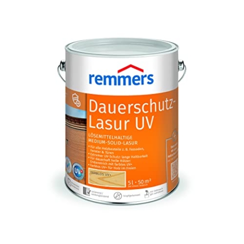 Remmers Dauerschutz-Lasur UV farblos, 5 Liter, Dekorative Medium-Solid-Lasur für Außen, auch für helle Farbtöne und farblos UV+, wetterbeständig