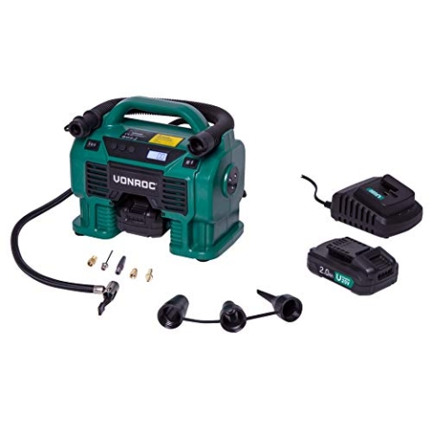 VONROC Akku-Kompressor VPower 20V - 20V Akku und 12V Zigarettenanzünder-Stecker – Befüll- und Entleerungsfunktion - Max. Arbeitsdruck 11 bar - Inkl. 8-teiligem Zubehör - Inkl. 2 Akkus und Ladegerät