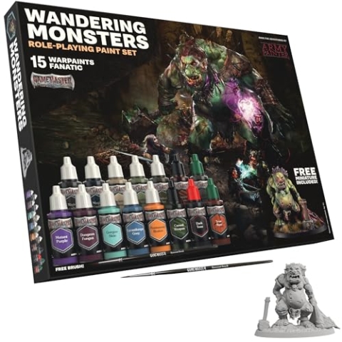 The Army Painter, GameMaster: Wandering Monsters Role-playing Paint Set, 15x18 ml Warpaints Fanatic Acrylic, 1 GameMaster Basecoat Brush, 1 Free Troll Miniature