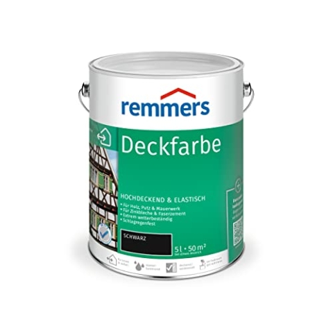 Remmers Deckfarbe schwarz, 5 Liter, Deckfarbe für innen und außen, Wetterschutzfarbe viele Untergründe, hochdeckend, wetterfest