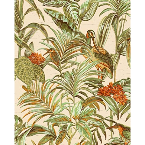 Vogel Tapete Profhome DE120013-DI heißgeprägte Vliestapete geprägt mit Vogel-Muster glänzend creme grün orange 5,33 m2
