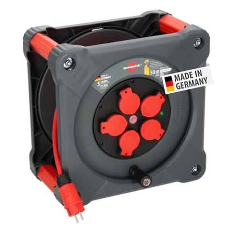 Brennenstuhl Professional Baustellen-Kabeltrommel KA 5110 5 IP44 (50m BQ-Kabel in rot, 5 Schutzkontakt-Steckdosen, Baustelleneinsatz und ständiger Einsatz im Freien, Made in Germany)