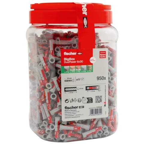 fischer DuoPower 6 x 30 in der BigBox, 950 Universaldübel, leistungsstarker 2-Komponenten-Dübel, Kunststoffdübel zur Befestigung in Beton, Ziegeln, Stein, Gipsbauplatten uvm., ohne Schrauben