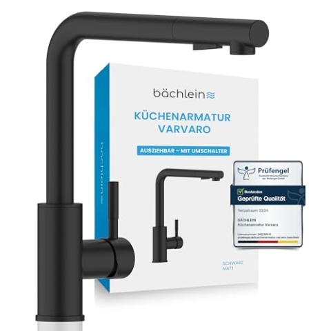 Bächlein Küchenarmatur Varvaro – 360 Grad schwenkbar (matt schwarz) – Einhand-Spültischbatterie aus Edelstahl mit ausziehbarem Schlauch und Brause mit Umschalter, Wasserhahn für die Küche