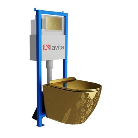 Lavita LAV 101 Vorwandelement für WC 40cm + Wand Hänge Tiefspül WC SOFI SLIM GOLDEN EYE Spülrandlos + Bedienplatte LAV 200.4.5 Gold | Komplettset | Unterputz Spülkasten | Toilette Komplett Sett
