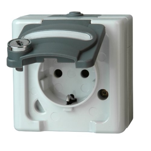 Kopp BLUE ELECTRIC - Schutzkontakt-Steckdose mit Klappdeckel und Sicherheitsschloss (Nr. 0), Farbe: grau