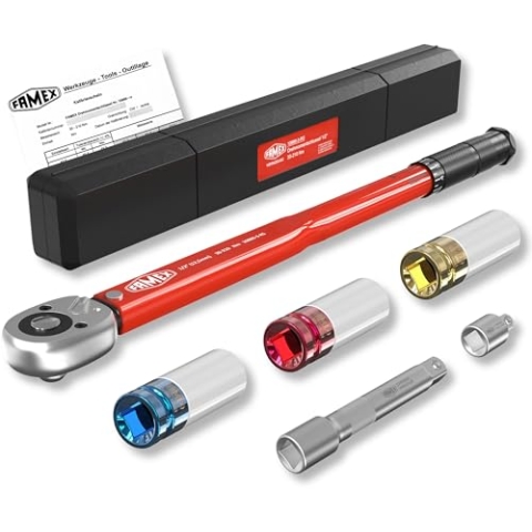 FAMEX 10886-3-RS Drehmomentschlüssel 1/2" (12,5mm) 30-210 Nm - inkl. Verlängerung 3 Stecknüsse/Schoneinsätze für Alufelgen - für Auto Motorrad SUV Van