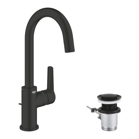 GROHE Start, Waschtischarmatur hoch, wassersparend (Wasserhahn für das Bad, schwenkbar, Zugstangen-Ablauf, 31cm hoch, mit 3in1 Werkzeug, einfache Installation am Waschbecken), schwarz, 242032432