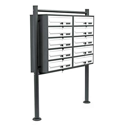 Wiltec 10er Briefkastenanlage Weiß/Anthrazit 898 x 270 x 1500 mm, Standbriefkasten mit 2x5 Fächern, Schlüssel und Namensschild, Briefkasten Postkasten mit Ständer