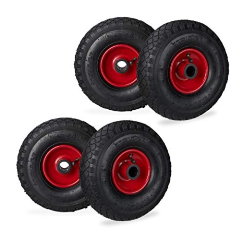 4 x Sackkarrenrad im Set, 3.00-4, luftbereiftes Komplettrad mit Stahlfelge, 25mm Achsdurchmesser, Ersatzrad, schwarz-rot