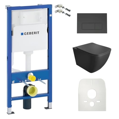 Lavita Duofix Basic Vorwandelement + Wand Tiefspül WC Onil Schwarz Spülrandlos + WC Sitz + Bedienplatte Delta 25 Schwarzer Knopf Komplettset Unterputz Spülkasten Toilette Komplett Sett WC