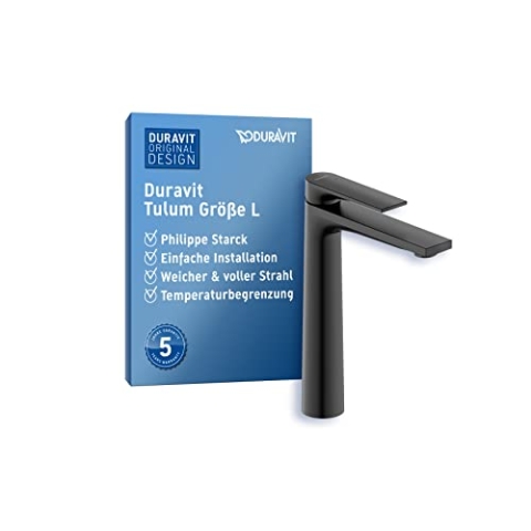 Duravit Tulum Waschtischarmatur, Größe XL (Auslauf Höhe 222 mm), Wasserhahn Bad, Waschbecken Armatur, Schwarz Matt
